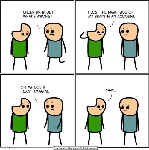 CHEER UP BUDDY WHATS WRONG 1 LOST THE RIGHT SIDE OF MY BRAIN IN AN ACCIDENT OH My oS 1 CANT IMAGINE W AME 8 T