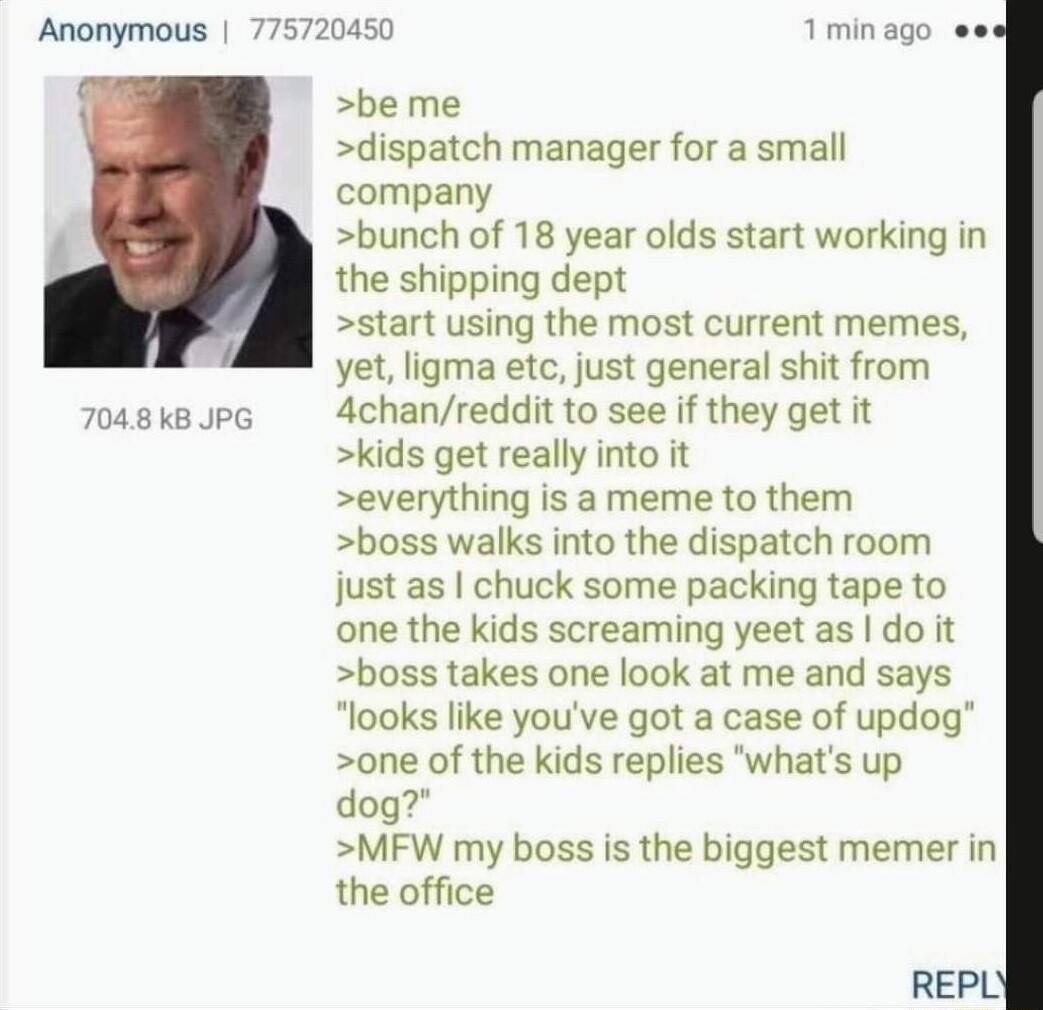 Anonymous 7 p 7048 kB JPG 50 1minago e be me dispatch manager for a small company bunch of 18 year olds start working in the shipping dept start using the most current memes yet ligma etc just general shit from 4chanreddit to see if they get it kids get really into it everything is a meme to them boss walks into the dispatch room just as chuck some packing tape to one the kids screaming yeet as do