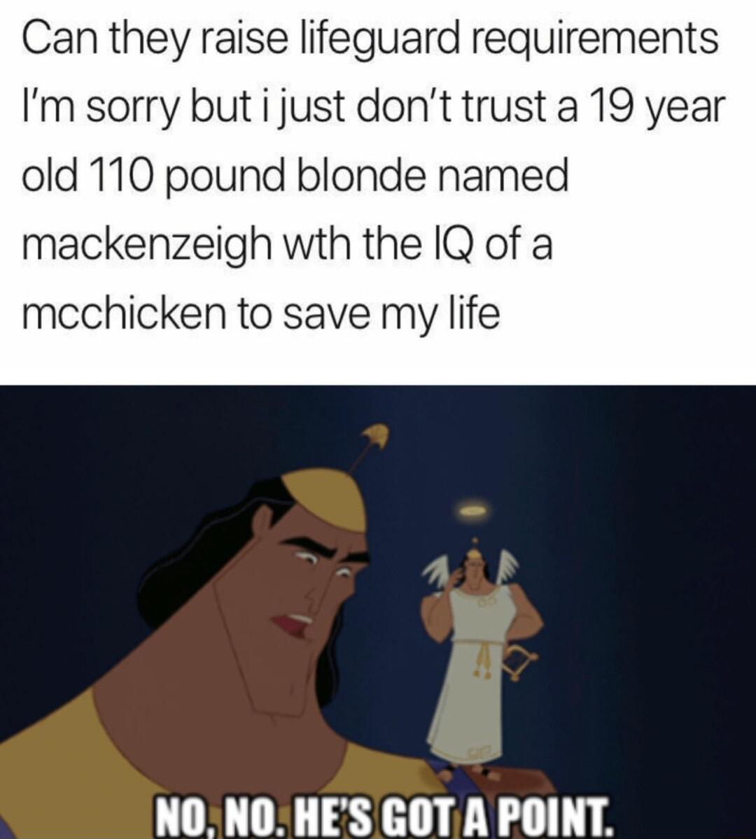 Can they raise lifeguard requirements Im sorry but i just dont trust a 19 year old 110 pound blonde named mackenzeigh wth the IQ of a mcchicken to save my life NONOHES GOT A POINT