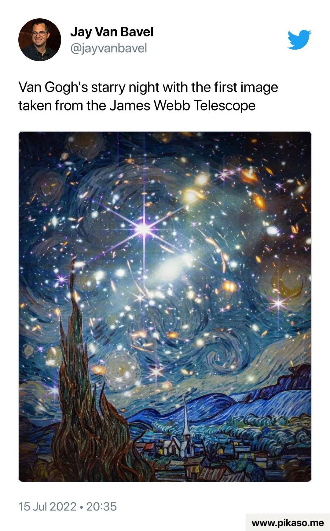 Van Goghs starry night with the firstimage taken from the James Webb Telescope