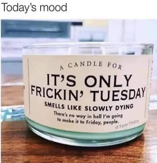 Today's mood. A candle for 'It's Only Frickin' Tuesday'. Smells like slowly dying. There's no way in hell I'm going to make it to Friday, people. @TaterTh0tz
