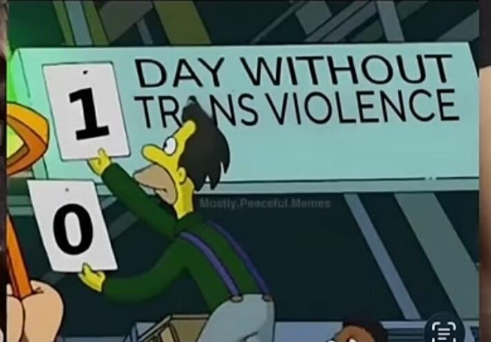 DAY WITHOUT TRANS VIOLENCE. Lenny from The Simpsons is shown changing a counter from 0 to 1, implying a lack of days without trans violence. The watermark says 'Mostly.Peaceful.Memes'.