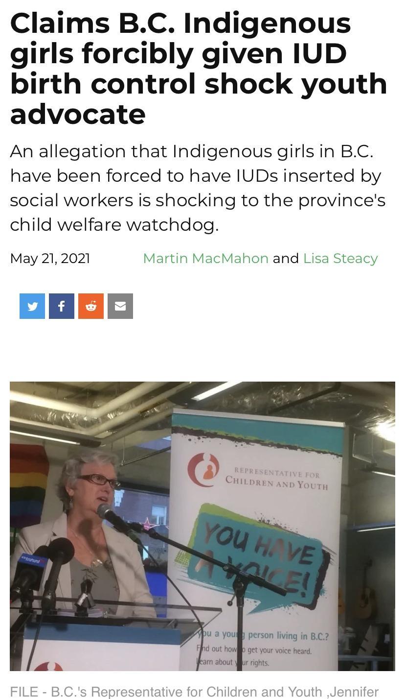 Claims BC Indigenous girls forcibly given IUD birth control shock youth advocate An allegation that Indigenous girls in BC have been forced to have IUDs inserted by social workers is shocking to the provinces child welfare watchdog May 212021 Martin MacMahon and Lisa Steacy REPRES TATIVE FOR CHiLbrEN AND YouTy p person living in BC2 b get your voice heard FILE BCs Representative for Children and Y