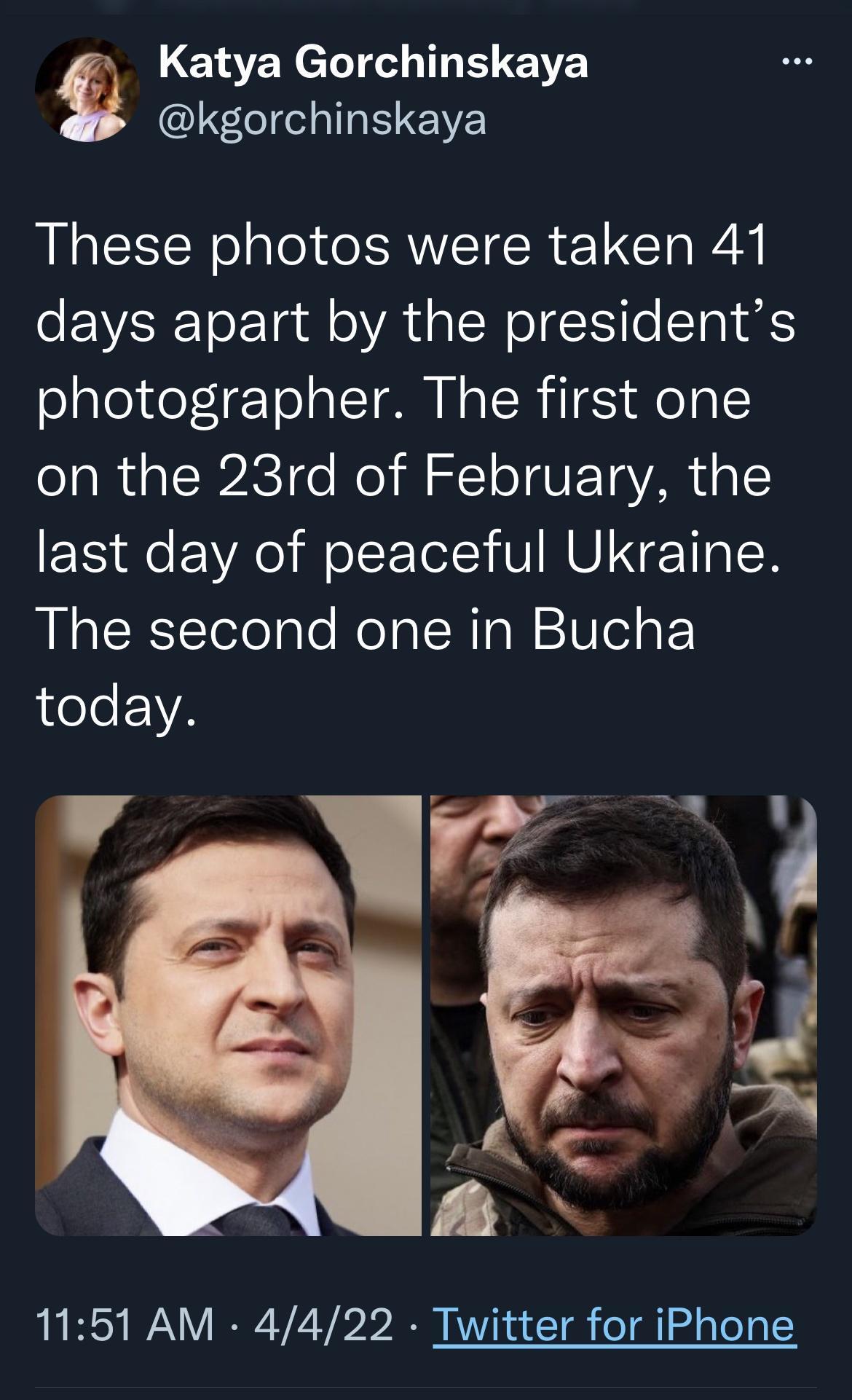 Katya Gorchinskaya kgorchinskaya These photos were taken 41 eV ToETadl oA SN oINoTal S photographer The first one ola R aB24C o Mol ll olT o UE TYAR oI last day of peaceful Ukraine The second one in Bucha today 1151 AM 4422 Twitter for iPhone