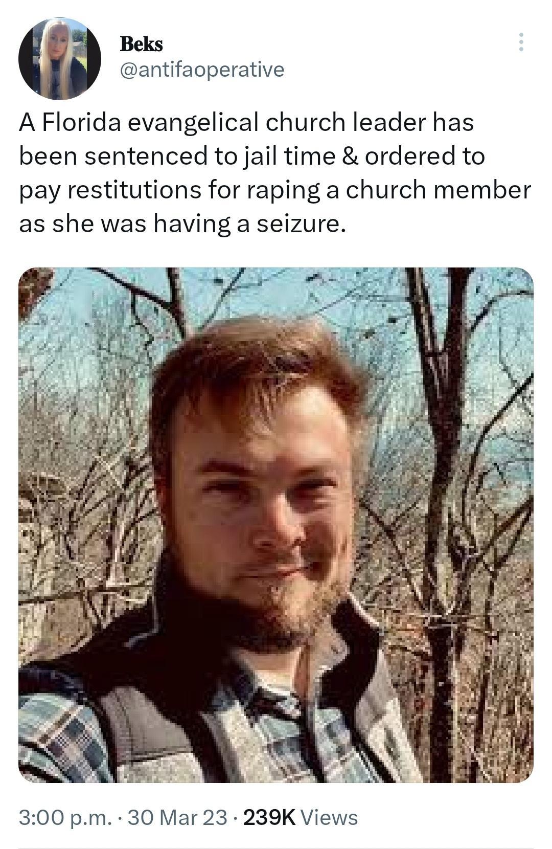 Beks antifaoperative A Florida evangelical church leader has been sentenced to jail time ordered to pay restitutions for raping a church member as she was having a seizure 300 pm 30 Mar 23 239K Views