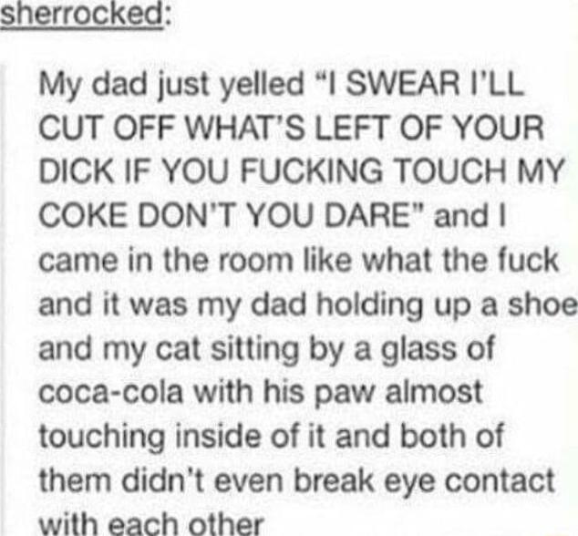 sherrocked My dad just yelled I SWEAR ILL CUT OFF WHATS LEFT OF YOUR DICK IF YOU FUCKING TOUCH MY COKE DONT YOU DARE and came in the room like what the fuck and it was my dad holding up a shoe and my cat sitting by a glass of coca cola with his paw almost touching inside of it and both of them didnt even break eye contact with each other