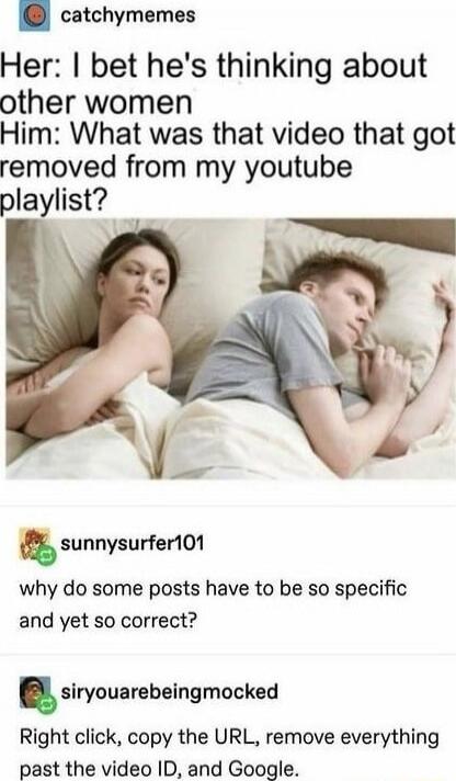 Her: I bet he's thinking about other women Him: What was that video that got removed from my youtube playlist? why do some posts have to be so specific and yet so correct? Right click, copy the URL, remove everything past the video ID, and Google.