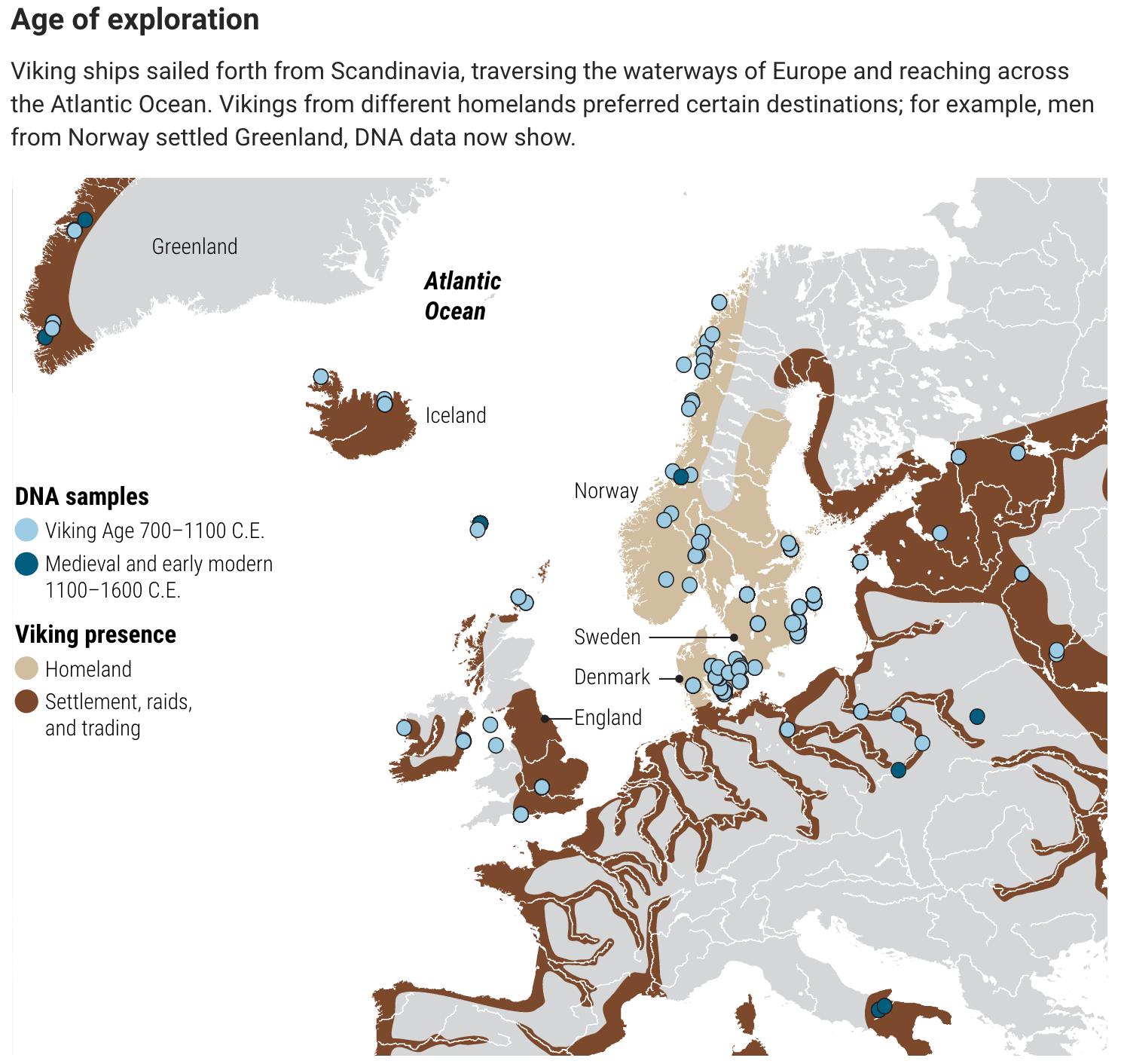 Age of exploration Viking ships salefothfrom Seandinaia raversing the waterways of Eufope and eaching across the At Ocean ikings fom iferet homelands prefered cetan destination for xample men from Norway seted Greenland DNA data now show m_ et oy e Viking presence 4 Sweden Setemun i ot Ergre