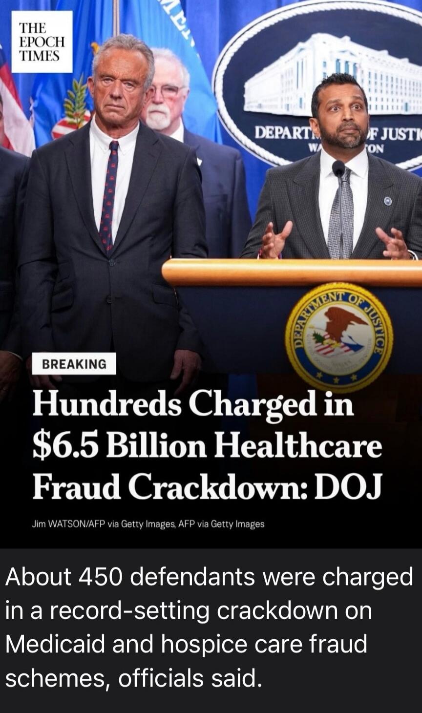 THE EPOCH TIMES BREAKING Hundreds Charged in $6.5 Billion Healthcare Fraud Crackdown: DOJ Jim WATSON/AFP via Getty Images, AFP via Getty Images About 450 defendants were charged in a record-setting crackdown on Medicaid and hospice care fraud schemes, officials said.