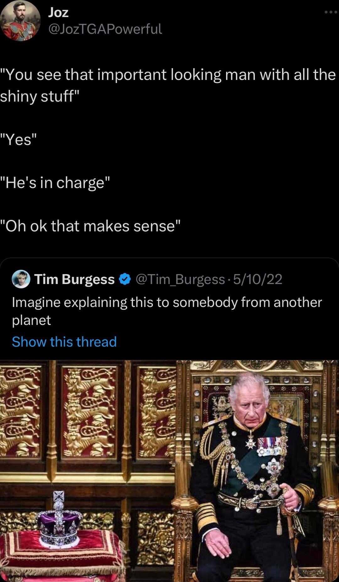 Joz JozTGAPowerful You see that important looking man with all the SIS Yes Hes in charge Oh ok that makes sense Tim Burgess Tim Burgess 51022 EEGEYSIENTEAGIER GRS A N EL el g L ROGTRGIERGIEES