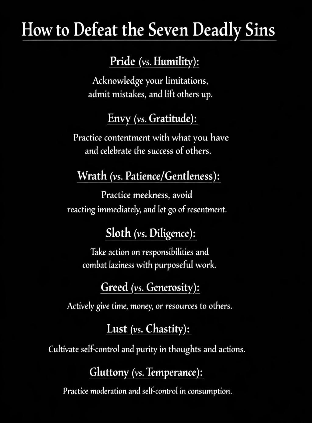 How to Defeat the Seven Deadly Sins
Pride (vs. Humility):
Acknowledge your limitations, admit mistakes, and lift others up.
Envy (vs. Gratitude):
Practice contentment with what you have and celebrate the success of others.
Wrath (vs. Patience/Gentleness):
Practice meekness, avoid reacting immediately, and let go of resentment.
Sloth (vs. Diligence)