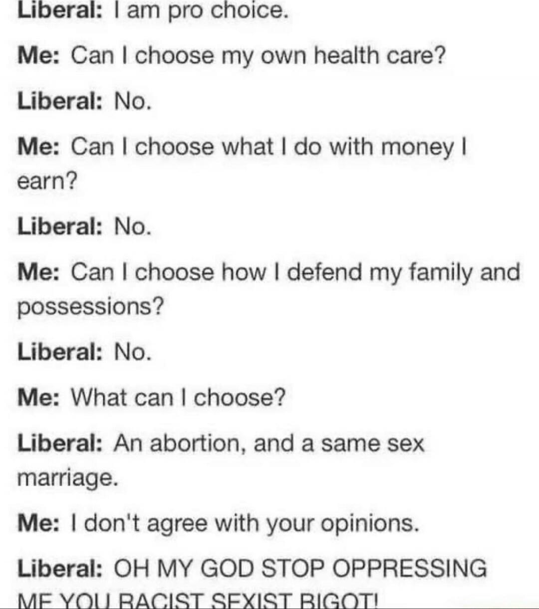 Liberal: I am pro choice.\nMe: Can I choose my own health care?\nLiberal: No.\nMe: Can I choose what I do with money I earn?\nLiberal: No.\nMe: Can I choose how I defend my family and possessions?\nLiberal: No.\nMe: What can I choose?\nLiberal: An abortion, and a same sex marriage.\nMe: I don't agree with your opinions.\nLiberal: OH MY GOD STOP OPP