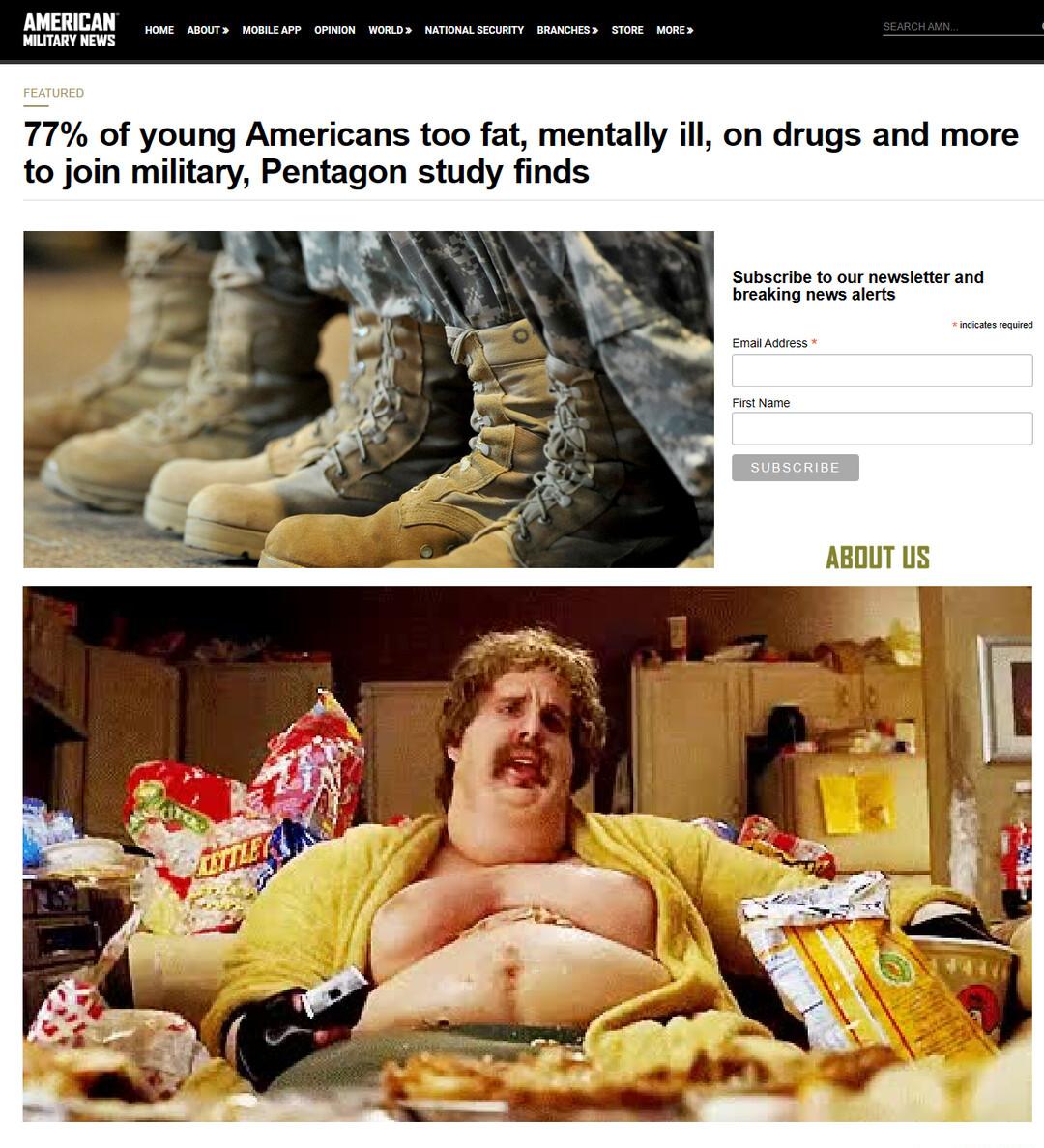 77 of young Americans too fat mentally ill on drugs and more to join military Pentagon study finds ABOUT US