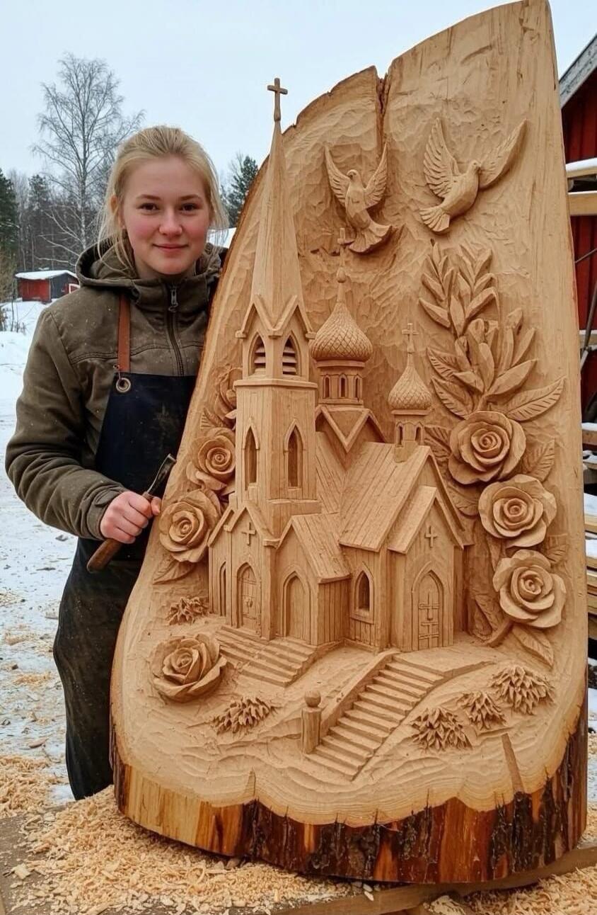A young woman proudly stands next to a large, intricately carved wooden sculpture. The sculpture features a detailed church with multiple spires and domes, surrounded by carved roses, leaves, and two doves in flight. The scene is set outdoors in a snowy environment.