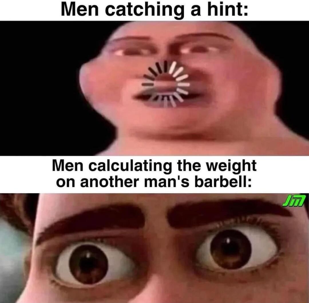 Men catching a hint N Men calculating the weight on another mans barbell