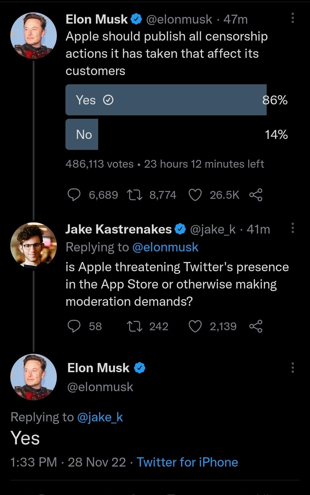 L Elon Musk elonmusk 47m Apple should publish all censorship ERCLENEREICIRGEIEU C g1 customers e e B 486113 votes 23 hours 12 minutes left O 6689 10 8774 QO 265K Jake Kastrenakes jake k 41m Replying to elonmusk is Apple threatening Twitters presence in the App Store or otherwise making UCEEIENELEEER R Q s8 0 242 Q 2139 Elon Musk CELHINITES Replying to jake_k G 133PM 28 Nov 22 Twitter for iPhone L 