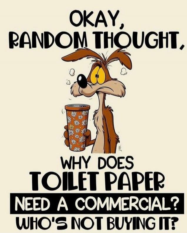 OKAY, RANDOM THOUGHT, WHY DOES TOILET PAPER NEED A COMMERCIAL? WHO'S NOT BUYING IT?