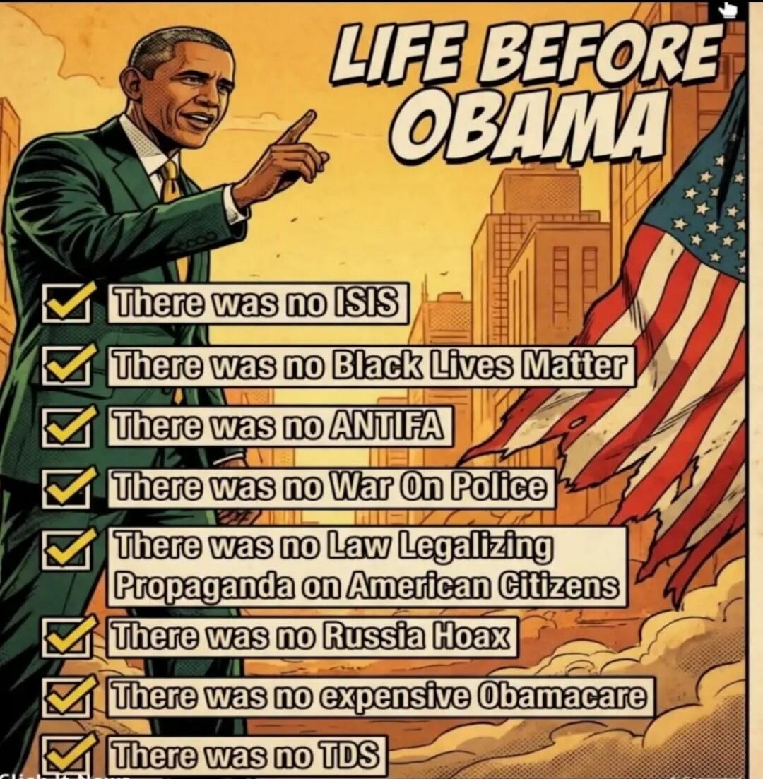 LIFE BEFORE OBAMA There was no ISIS There was no Black Lives Matter There was no ANTIFA There was no War On Police There was no Law Legalizing Propaganda on American Citizens There was no Russia Hoax There was no expensive Obamacare There was no TDS