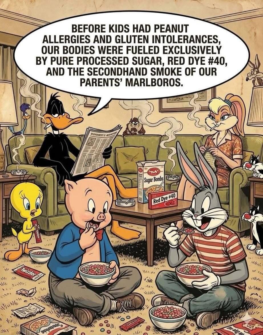 BEFORE KIDS HAD PEANUT ALLERGIES AND GLUTEN INTOLERANCES, OUR BODIES WERE FUELED EXCLUSIVELY BY PURE PROCESSED SUGAR, RED DYE #40, AND THE SECONDHAND SMOKE OF OUR PARENTS' MARLBOROS.