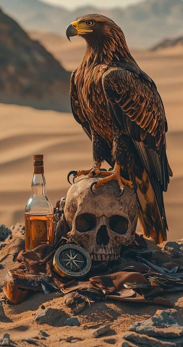An eagle perches atop a human skull in a desert landscape, with a bottle and a compass placed nearby.