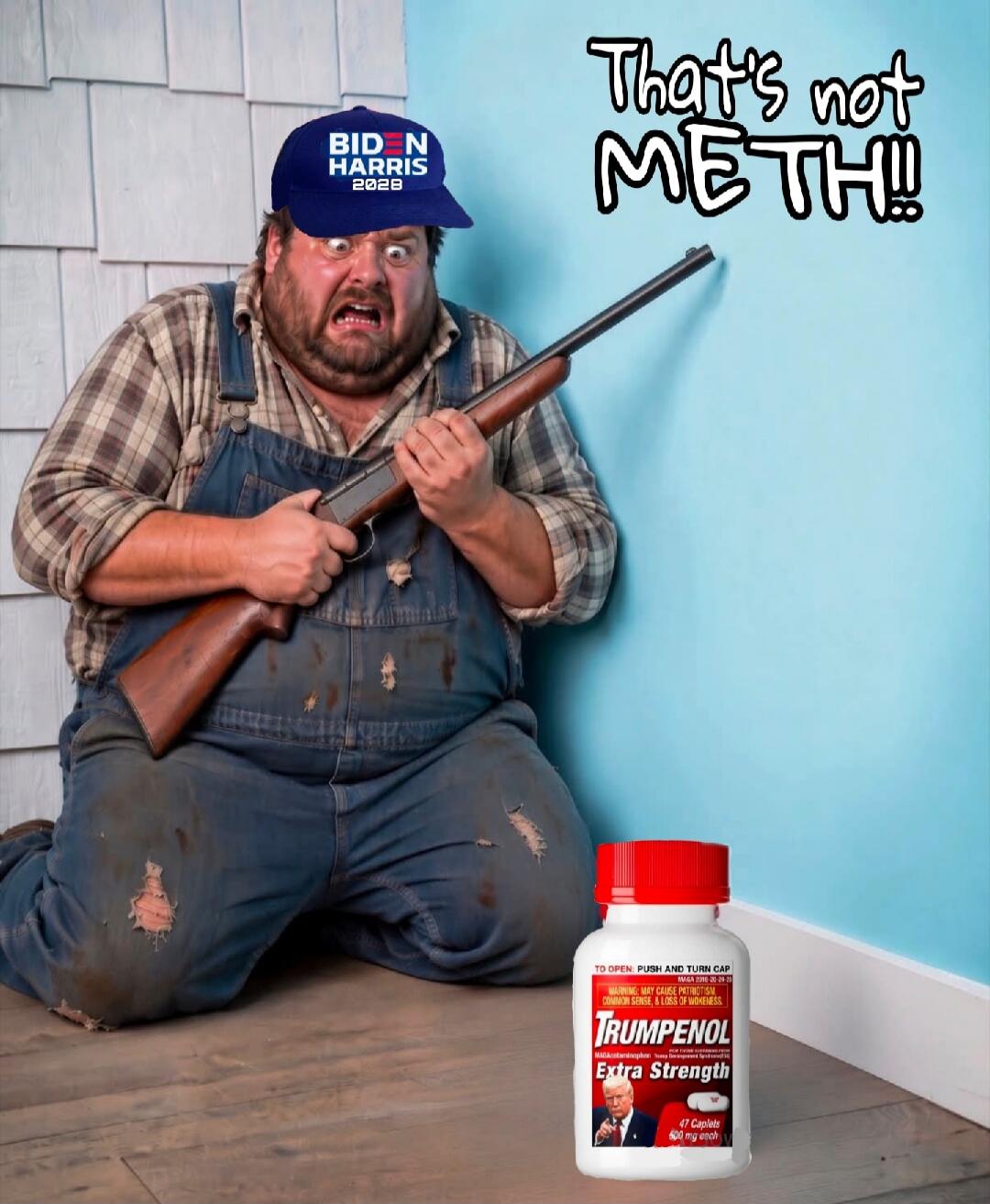 BIDEN HARRIS 2028 That's not METH!! TRUMPENOL Extra Strength TO OPEN: PUSH AND TURN CAP WARNING: MAY CAUSE PATRIOTISM, COMMON SENSE, & LOSS OF WOKENESS. 47 Caplets 600 mg each MAGA 2016-20-24