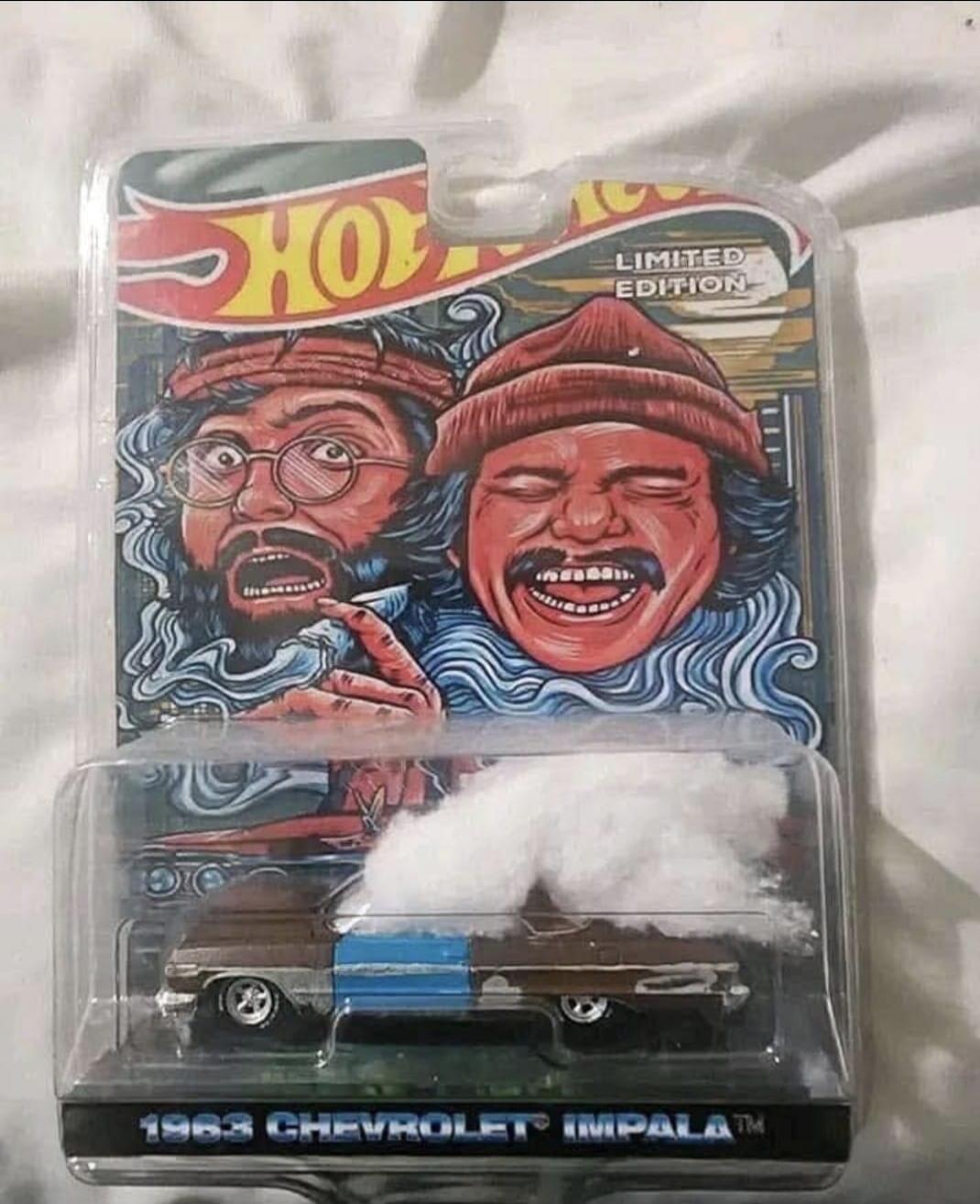HOT WHEELS LIMITED EDITION 1963 CHEVROLET IMPALA. Illustration of two men, resembling Cheech & Chong, surrounded by smoke. A toy car with cotton wool simulating smoke.