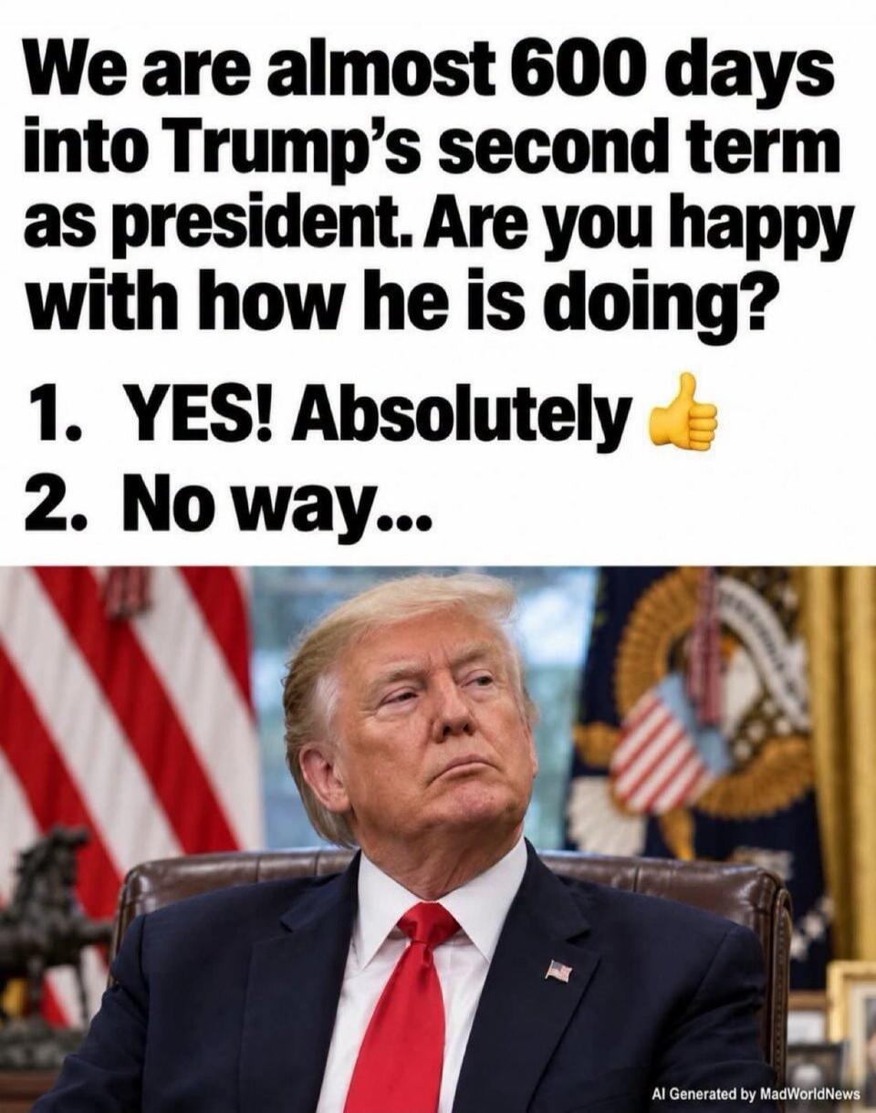 We are almost 600 days into Trump's second term as president. Are you happy with how he is doing? 1. YES! Absolutely 👍 2. No way... AI Generated by MadWorldNews
