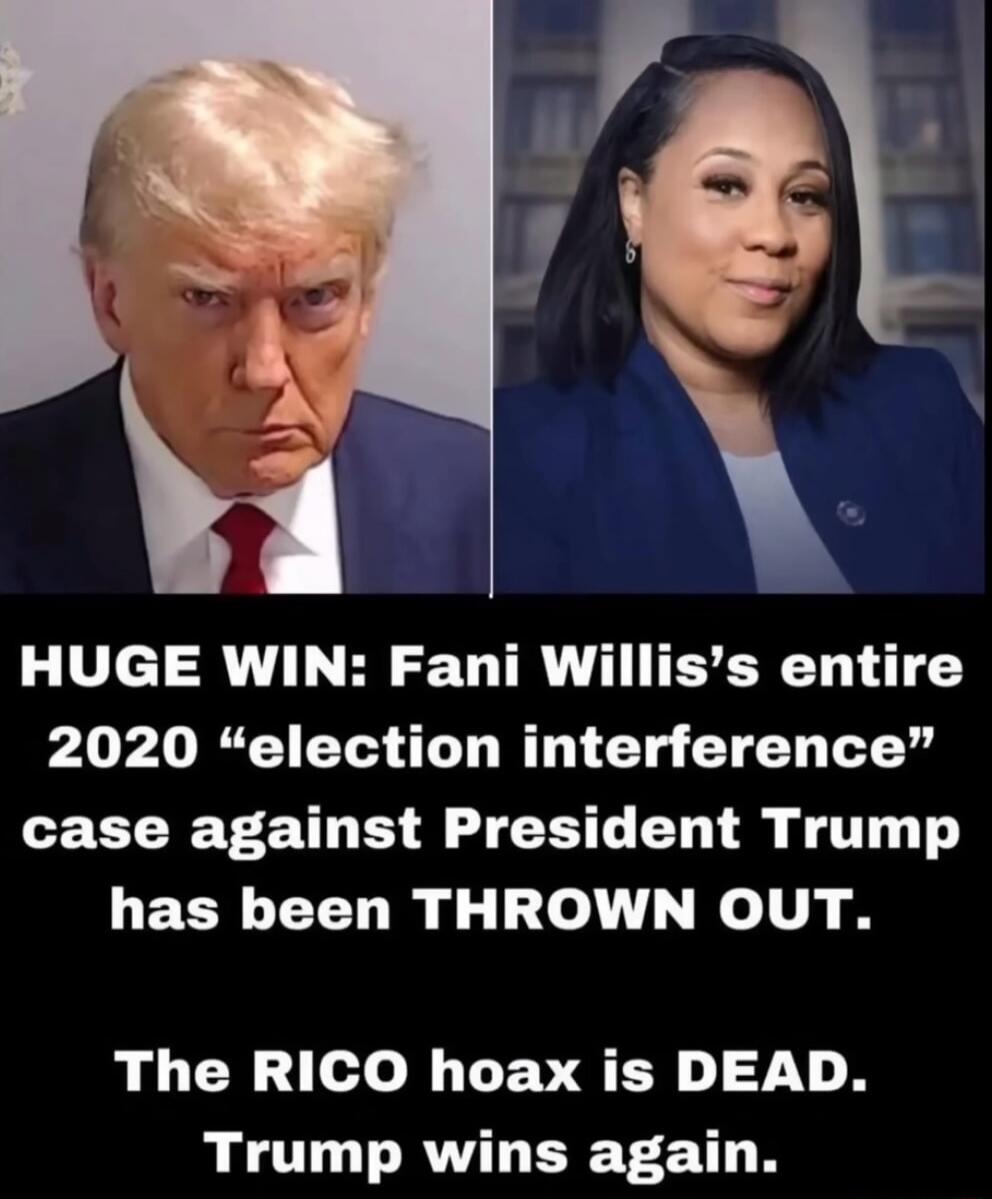 HUGE WIN: Fani Willis’s entire 2020 “election interference” case against President Trump has been THROWN OUT. The RICO hoax is DEAD. Trump wins again.