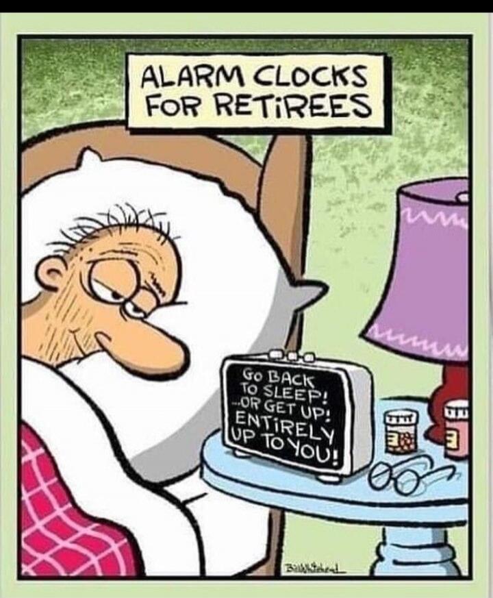 ALARM CLOCKS FOR RETIREES. GO BACK TO SLEEP! ...OR GET UP! ENTIRELY UP TO YOU!