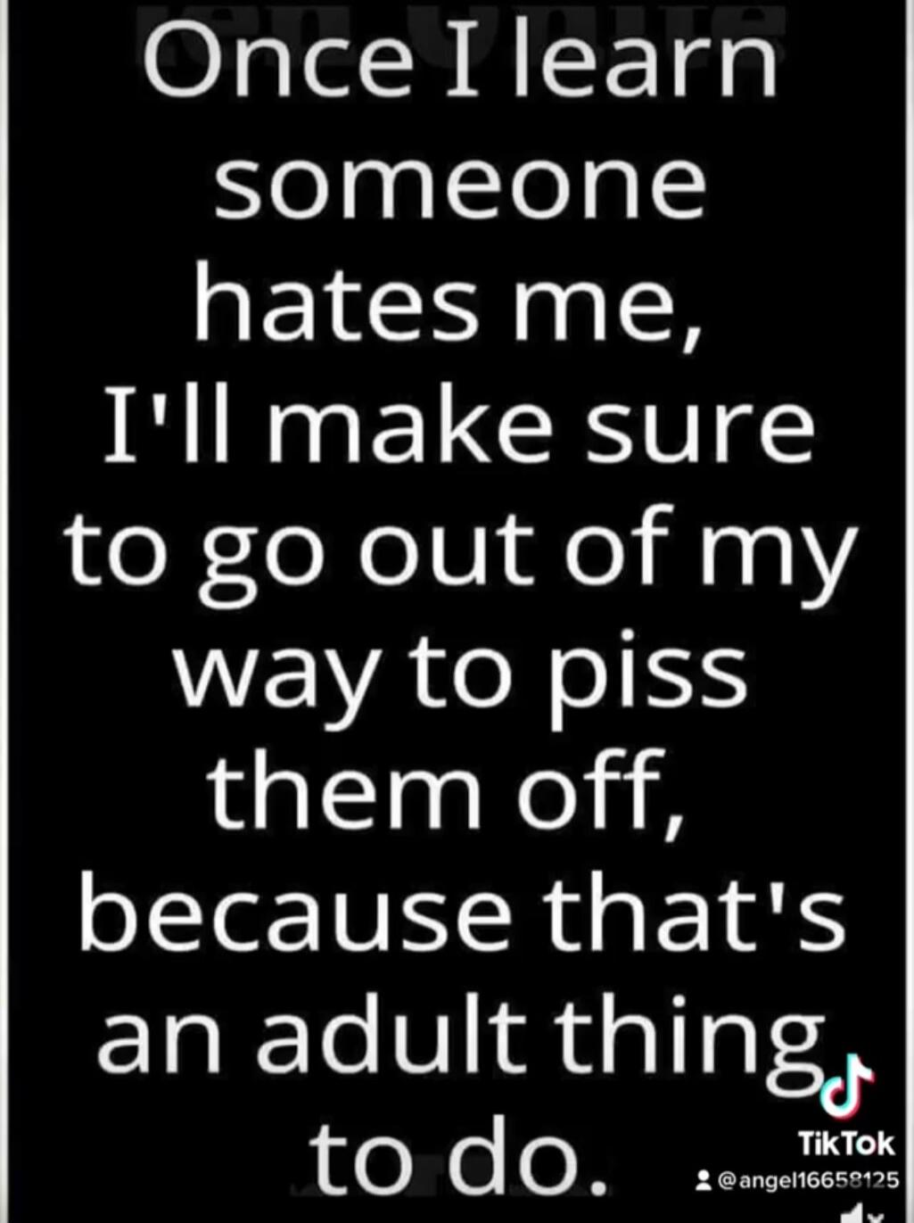 Once I learn someone hates me, I'll make sure to go out of my way to piss them off, because that's an adult thing to do.