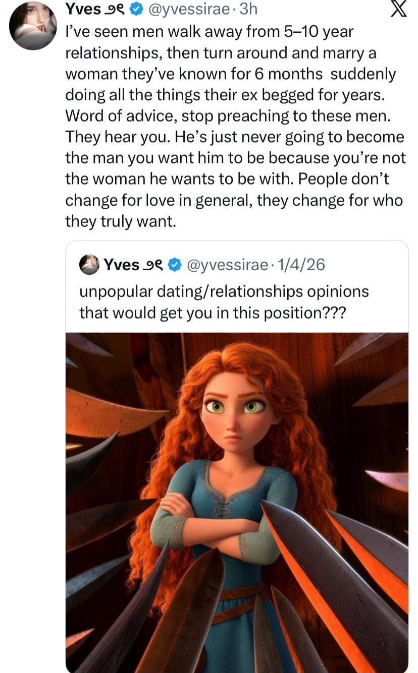 I’ve seen men walk away from 5–10 year relationships, then turn around and marry a woman they’ve known for 6 months suddenly doing all the things their ex begged for years. Word of advice, stop preaching to these men. They hear you. He’s just never going to become the man you want him to be because you’re not the woman he wants to be with. People d