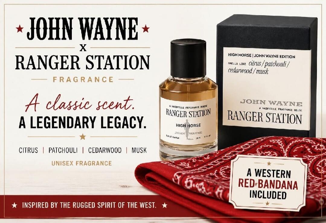 John Wayne x Ranger Station Fragrance. A classic scent. A legendary legacy. High Horse John Wayne Edition. Smells like citrus, patchouli, cedarwood, musk. Unisex fragrance. A Western red bandana included. Inspired by the rugged spirit of the West.