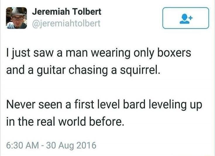 Jeremiah Tolbert @jeremiahtolbert I just saw a man wearing only boxers and a guitar chasing a squirrel. Never seen a first level bard leveling up in the real world before. 6:30 AM - 30 Aug 2016