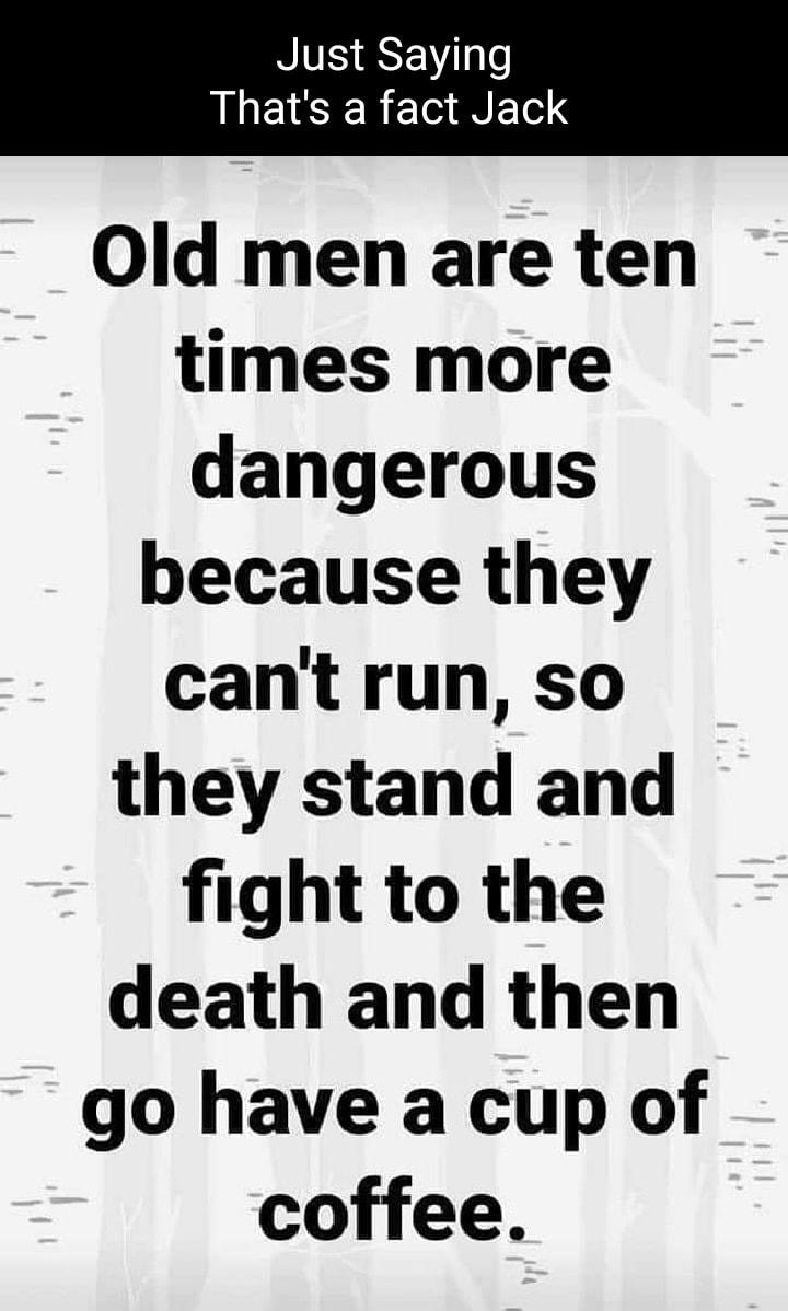 NS SSEVII ALEISER NETETS Old men are ten times more dangerous because they cant run so they stand and fight to the death and then go have a cup of coffee
