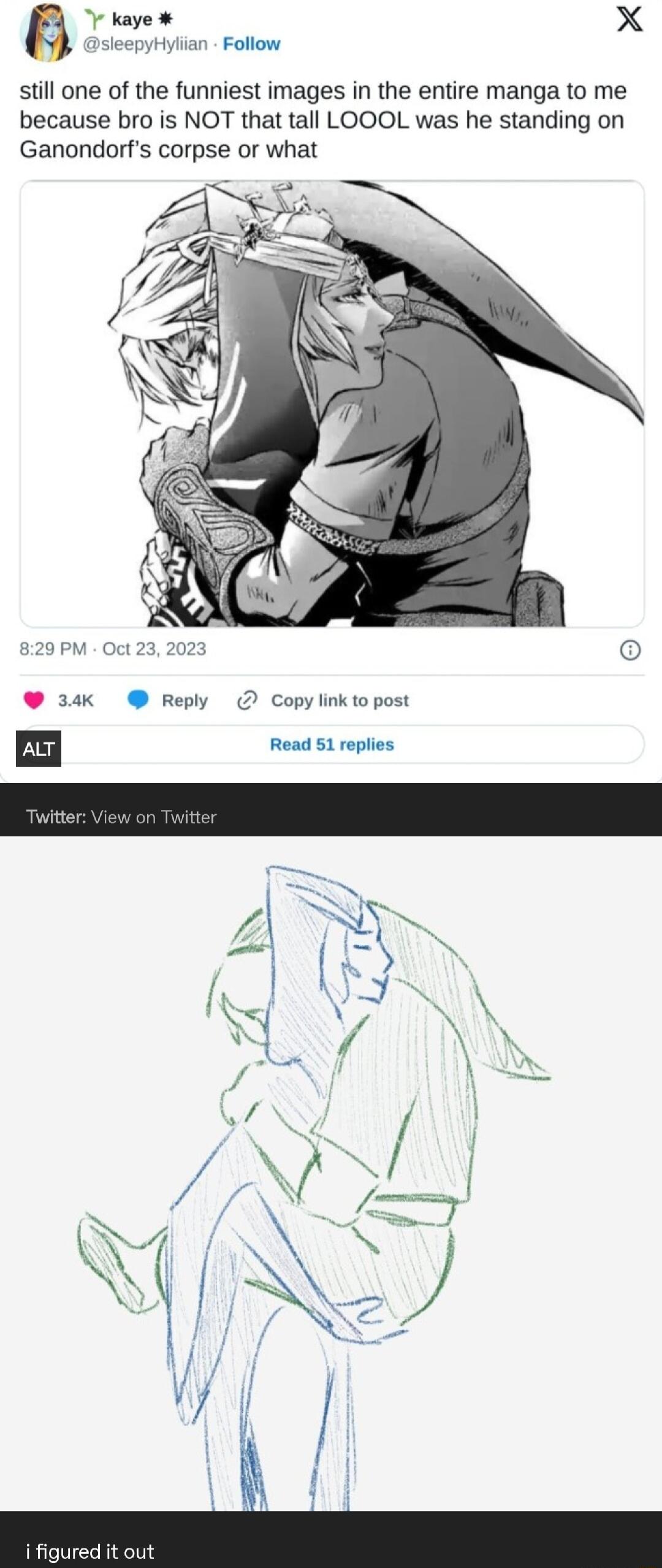 a kaye X sieepyhylian Follow still one of the funniest images in the entire manga to me because bro is NOT that tall LOOOL was he standing on Ganondorfs corpse or what 820 PM Oct 2 34k Reply Copylinktopost AT Read 51 replies