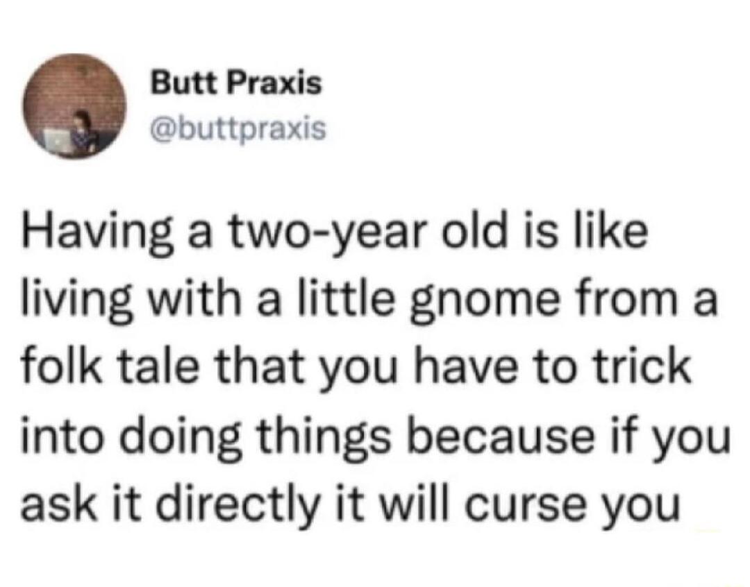 Butt Praxis buttpraxis Having a two year old is like living with a little gnome from a folk tale that you have to trick into doing things because if you ask it directly it will curse you