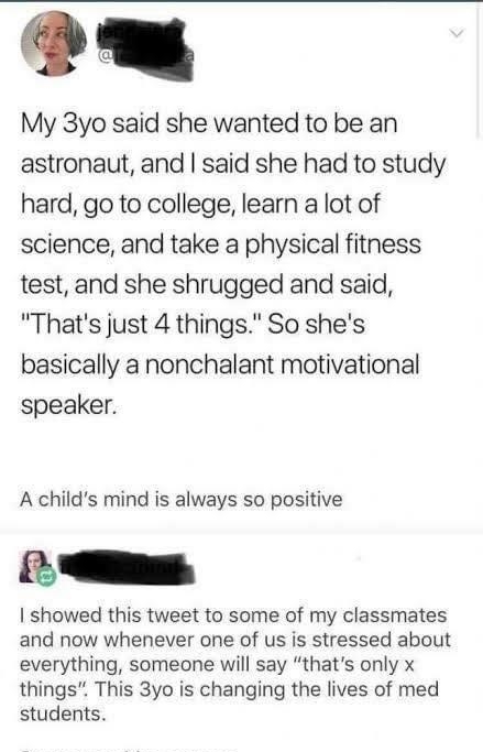 My 3yo said she wanted to be an astronaut and said she had to study hard go to college learn a lot of science and take a physical fitness test and she shrugged and said Thats just 4 things So shes basically a nonchalant motivational speaker A childs mind is always so positive showed this tweet to some of my classmates and now whenever one of us is stressed about everything someone will say thats o
