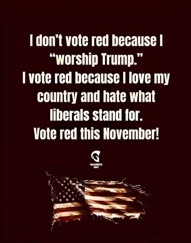 I don't vote red because I worship Trump. I vote red because I love my country and hate what liberals stand for. Vote red this November!