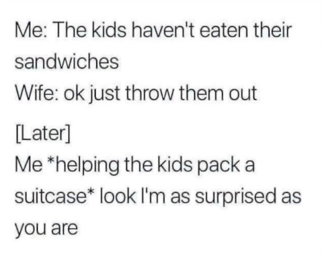 Me: The kids haven't eaten their sandwiches Wife: ok just throw them out [Later] Me *helping the kids pack a suitcase* look I'm as surprised as you are