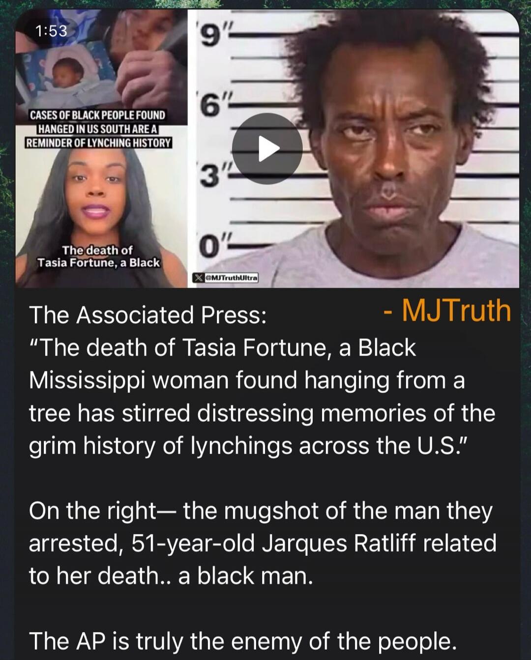 CASES OF BLACK PEOPLE FOUND HANGED IN US SOUTH ARE A REMINDER OF LYNCHING HISTORY. The death of Tasia Fortune, a Black. The Associated Press: - MJTruth. 