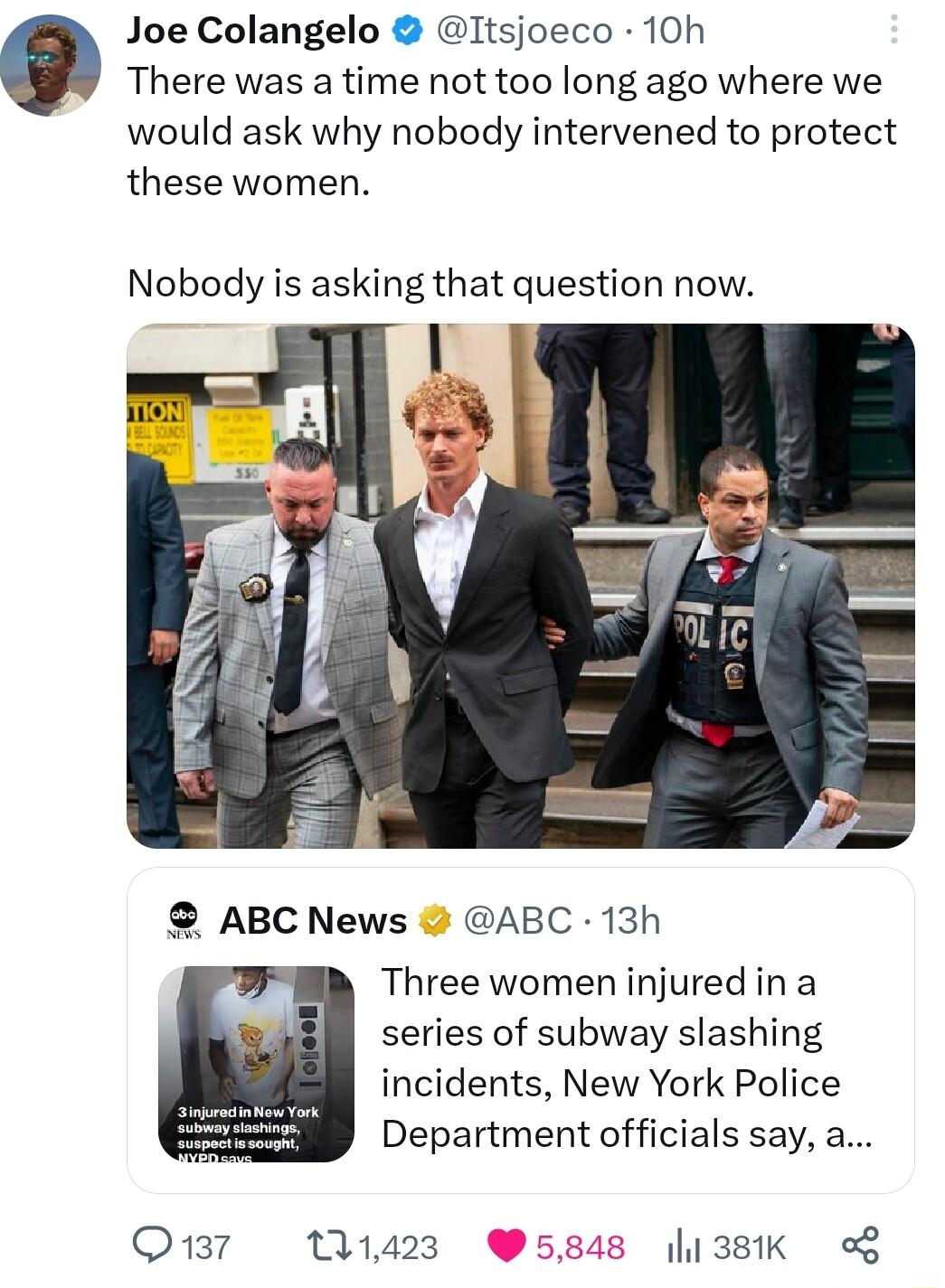 Joe Colangelo Itsjoeco 10h There was a time not too long ago where we would ask why nobody intervened to protect these women Nobody is asking that question now ABC News ABC 13h Three women injured in a series of subway slashing incidents New York Police Department officials say a Q137 11423 381K o