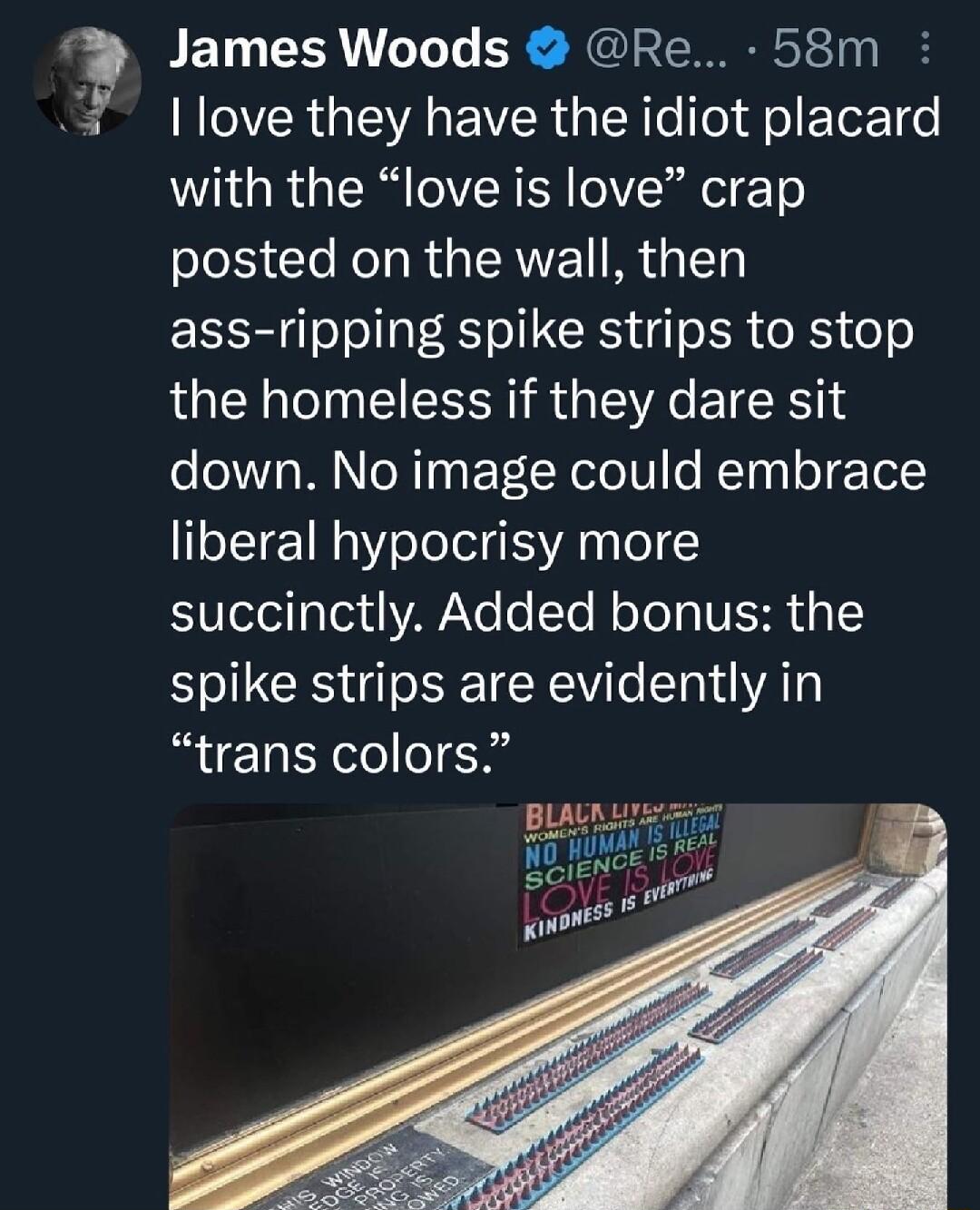 James Woods Re 58m 7 llove they have the idiot placard with the love is love crap posted on the wall then ass ripping spike strips to stop the homeless if they dare sit o 1Yo W N RTaa N oTo10 o NTayl o TelcY liberal hypocrisy more succinctly Added bonus the spike strips are evidently in trans colors