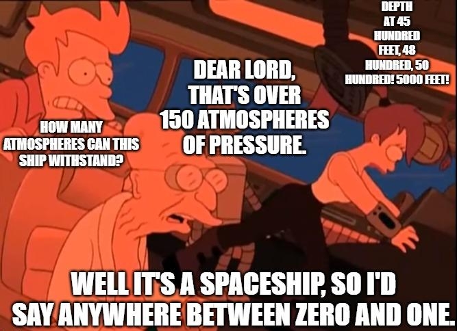 DEARLORD momsizen THATS OVER OW MARY 150 ATMOSPHERES arwospaenes cantmis OF PRESSURE SHIP WITESTANB WELLITS A SPACESHIP SO ID SAYANYWHERE BETWEEN ZERO AND ONE