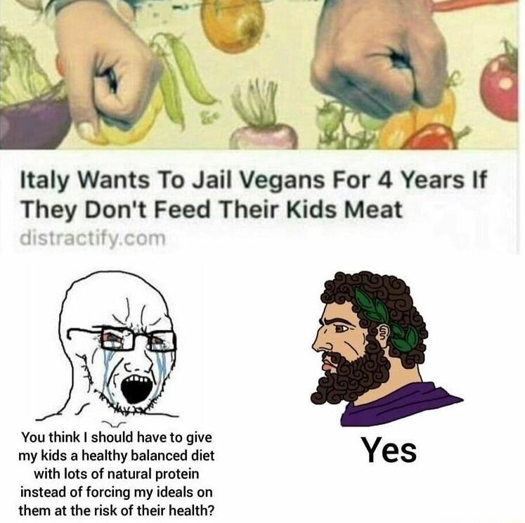 Italy Wants To Jail Vegans For 4 Years If They Dont Feed Their Kids Meat Youthink should have to give my Kids a healthy balanced diet With lots of natural protein instead of forcing my ideals on them at the risk of their health