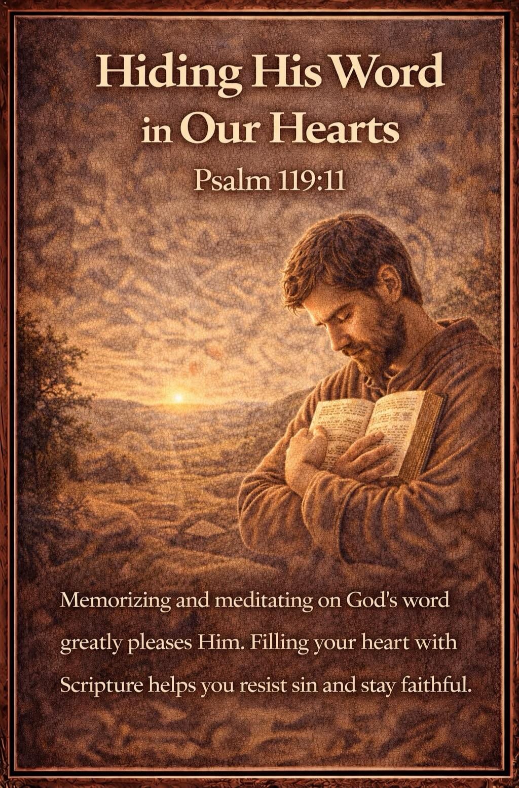 Hiding His Word in Our Hearts Psalm 119:11 Memorizing and meditating on God's word greatly pleases Him. Filling your heart with Scripture helps you resist sin and stay faithful.