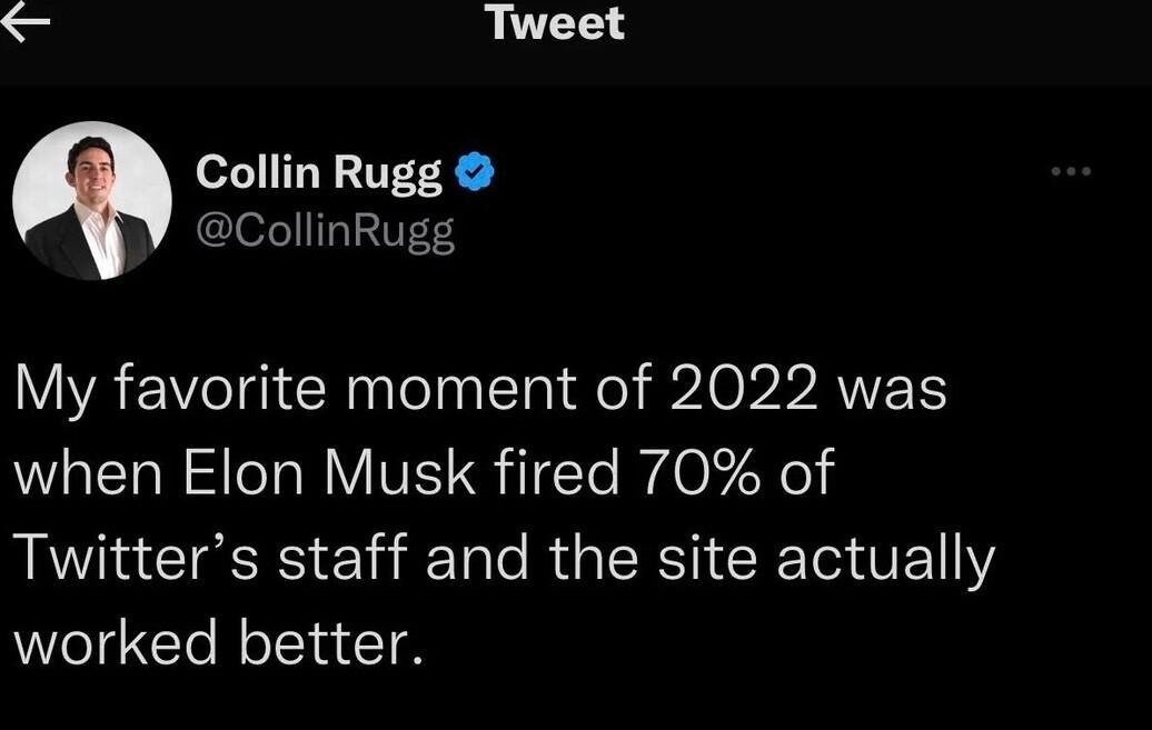 7 Tweet Collin Rugg CollinRugg My favorite moment of 2022 was when Elon Musk fired 70 of S T e R R R R 1Y worked better 1231 PM 123122 RICLQUETER T k QRECE