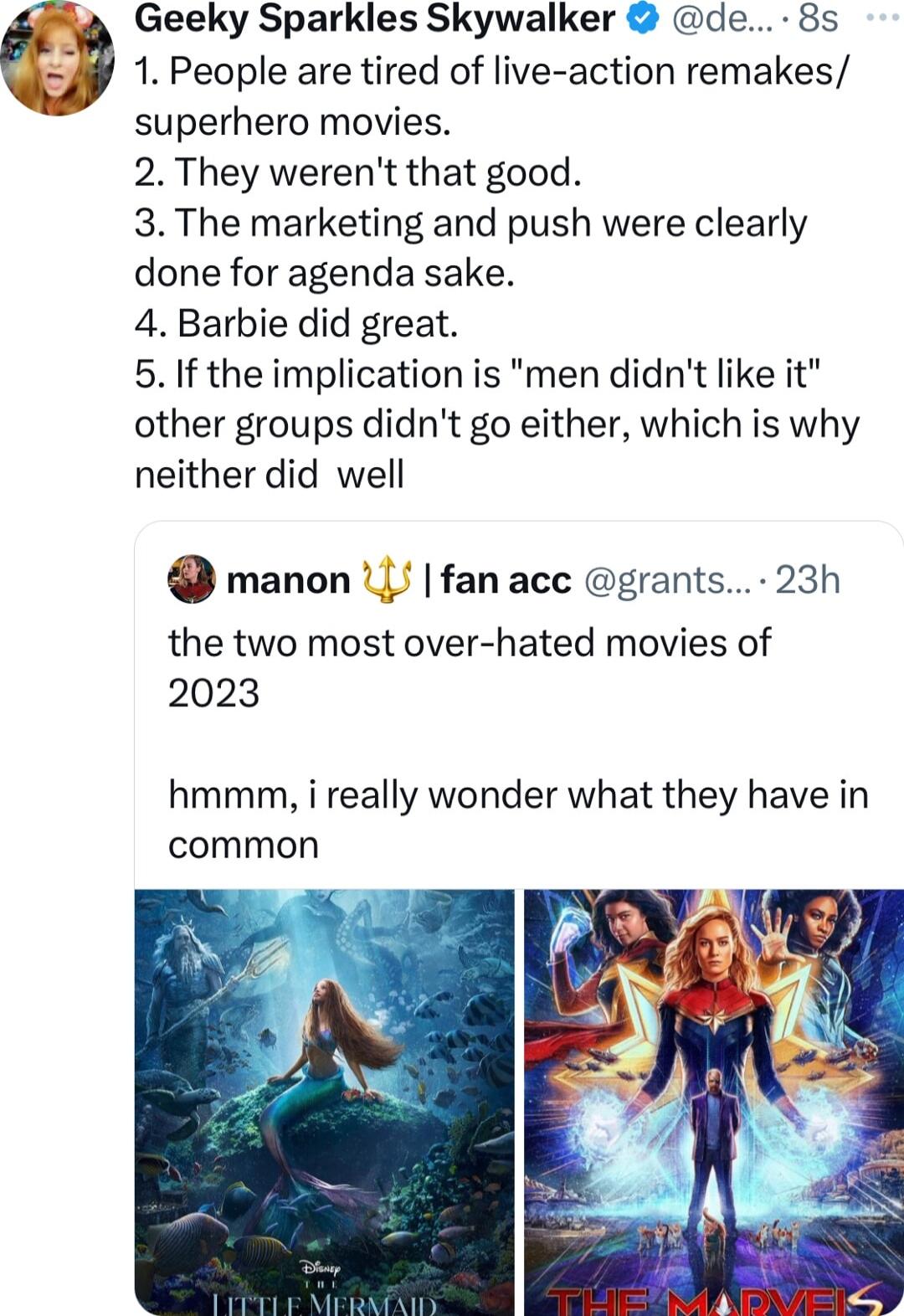 Geeky Sparkles Skywalker de 8s 1 People are tired of live action remakes superhero movies 2 They werent that good 3 The marketing and push were clearly done for agenda sake 4 Barbie did great 5 If the implication is men didnt like it other groups didnt go either which is why neither did well manon 1 fan acc grants 23h the two most over hated movies of 2023 hmmm i really wonder what they have in co