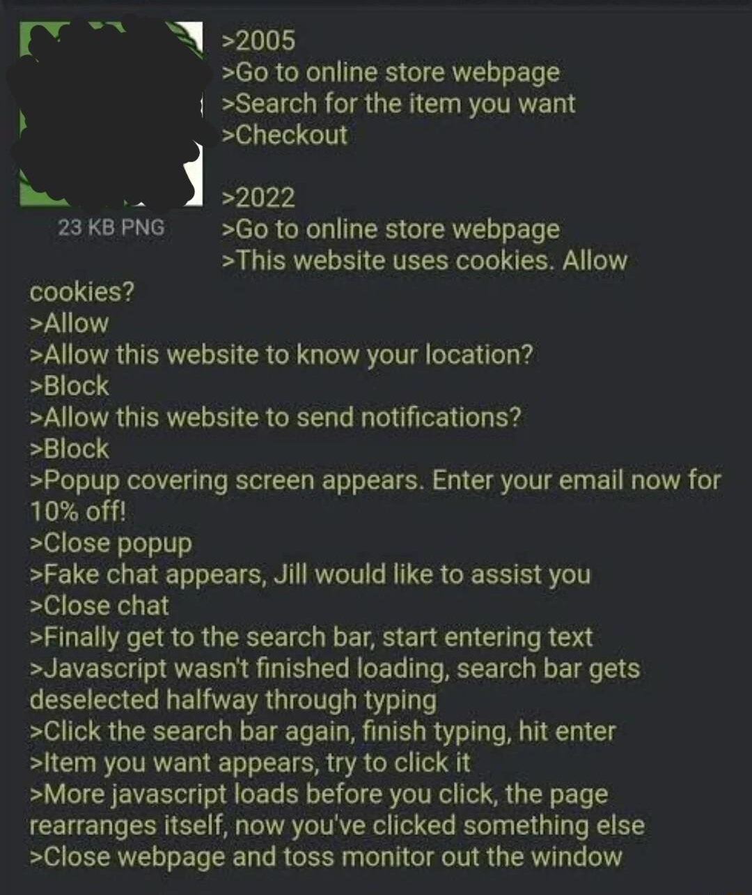 071122Mon205244 No69371086 2005 Go to online store webpage 1 Search for the item you want Checkout i 2022 23KBPNG Go to online store webpage This website uses cookies Allow cookies Allow Allow this website to know your location Block Allow this website to send notifications Block Popup covering screen appears Enter your email now for 10 off Close popup Fake chat appears Jill would like to assist y