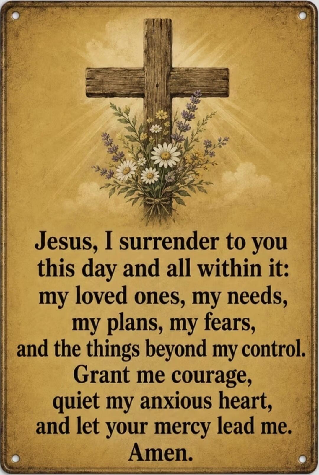 Jesus, I surrender to you this day and all within it: my loved ones, my needs, my plans, my fears, and the things beyond my control. Grant me courage, quiet my anxious heart, and let your mercy lead me. Amen.