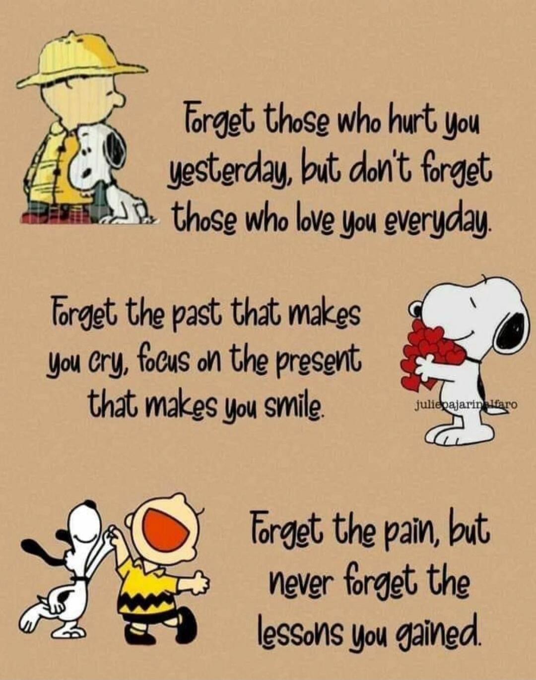 Forget those who hurt you yesterday, but don't forget those who love you everyday. Forget the past that makes you cry, focus on the present that makes you smile. Forget the pain, but never forget the lessons you gained.